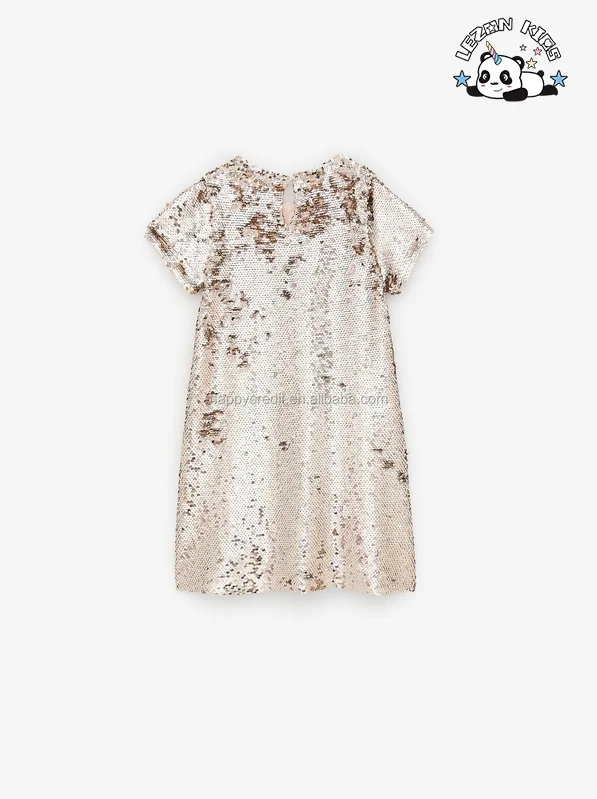 LEZONKIDS - Vestido de Camiseta com Lantejoulas Reversíveis Dourado-Rosa Roupas de Crianças Vestidos para Meninas
